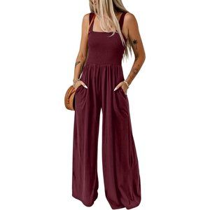 Women's Burgundy One Piece Sleeveless Wide Leg Long Pant Rompers With Pockets